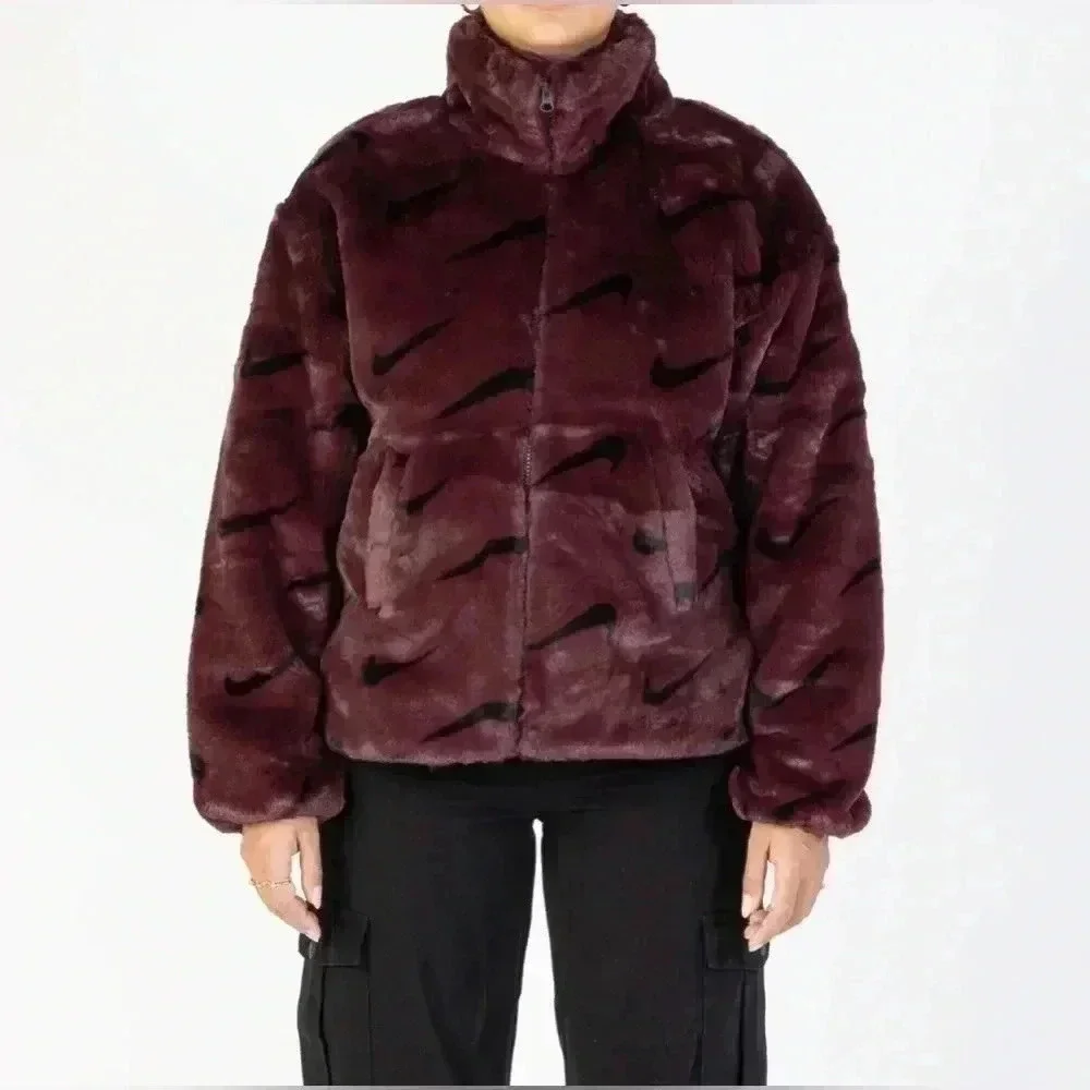 Nike womens sportswear faux fur allover print jacket in Burgundy crush size XS